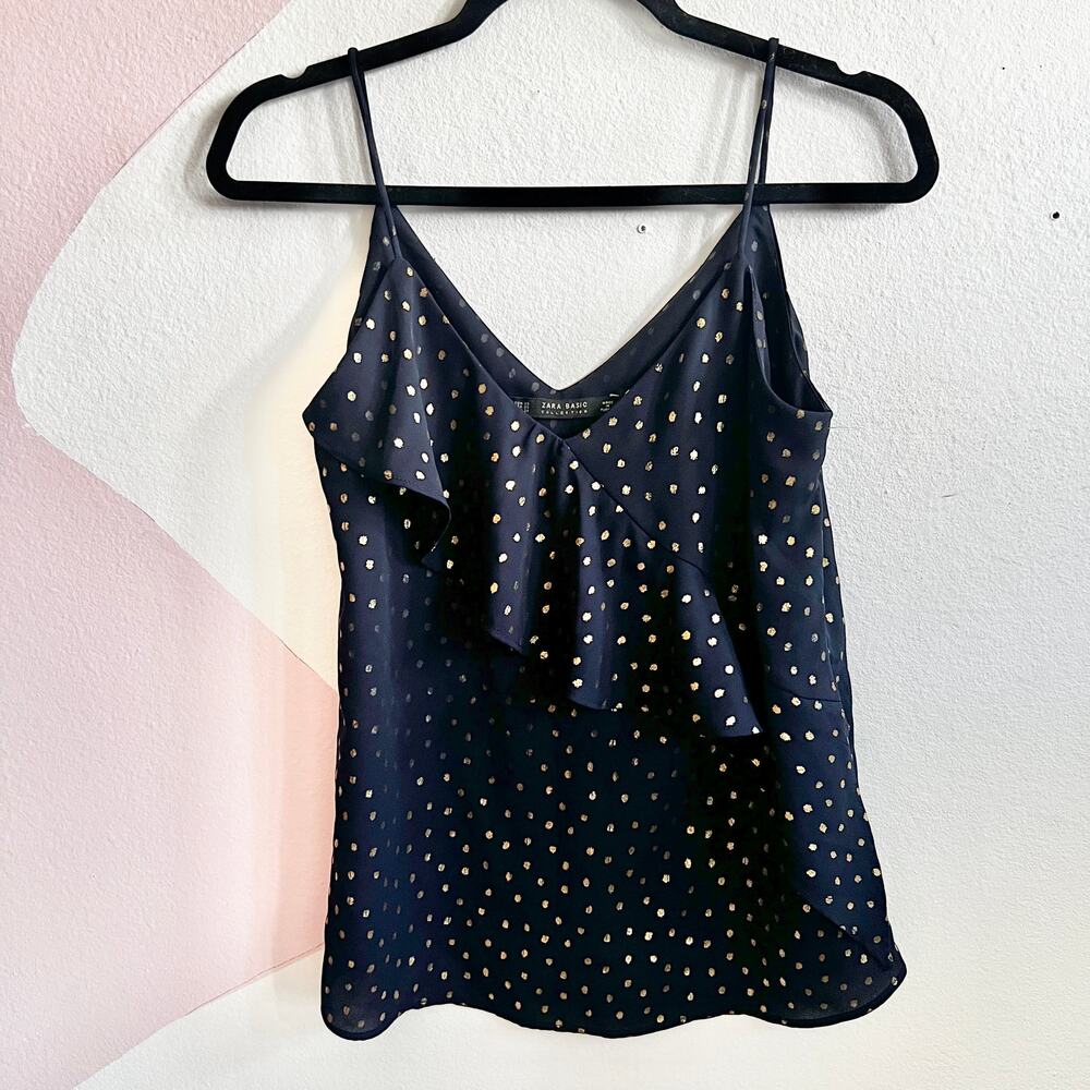 Zara Navy Gold Polka Dot Ruffle Tank Top Y2K Coquette Glam Academia XS